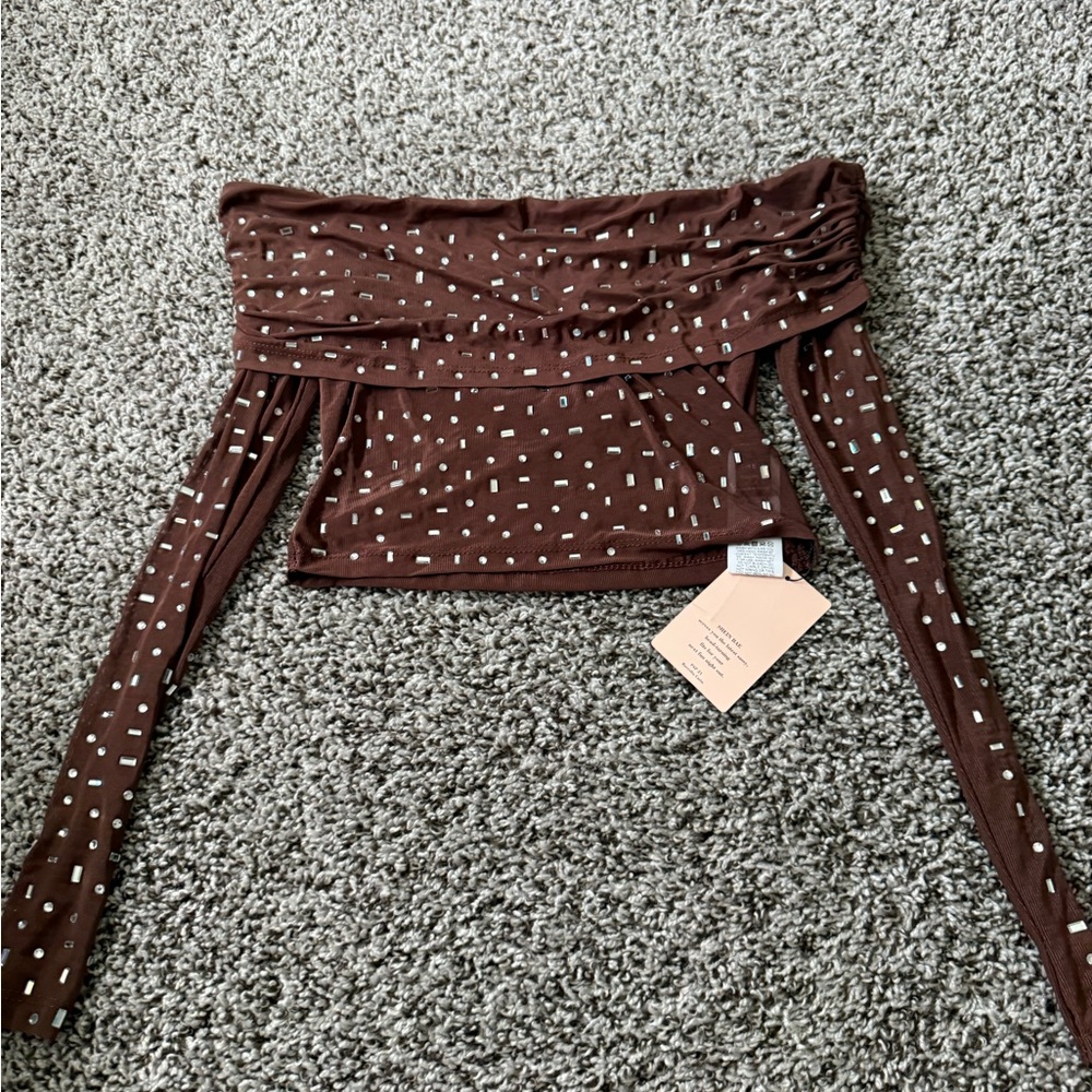 Brown Off-Shoulder Top with Silver Accents